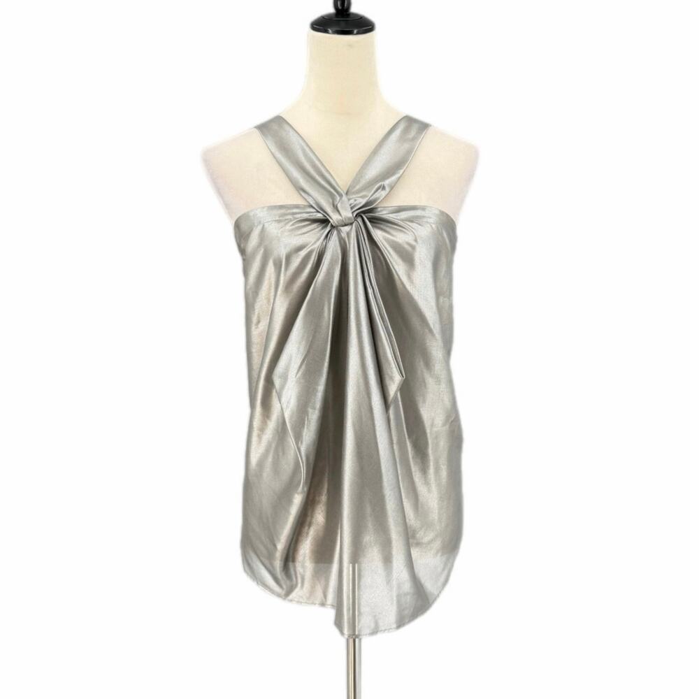 7 For all Mankind Gray Silver Metallic Slinky Halter Night Out Party Blouse Top